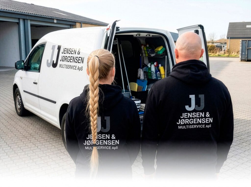 To medarbejdere fra JJ Multiservice foran firmabil